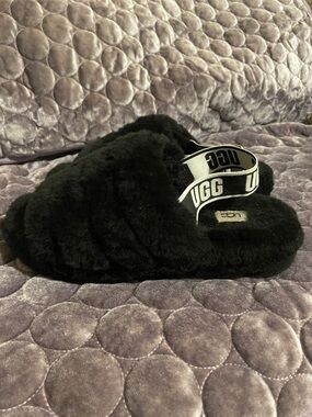 UGG Fluff Yeah Black Plush Slide with Logo Elastic Backstrap